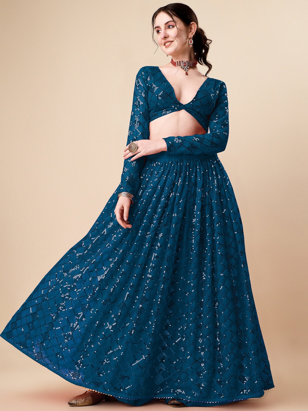 

KALINI Embellished Sequinned Ready to Wear Lehenga & Unstitched Blouse With Dupatta, Teal