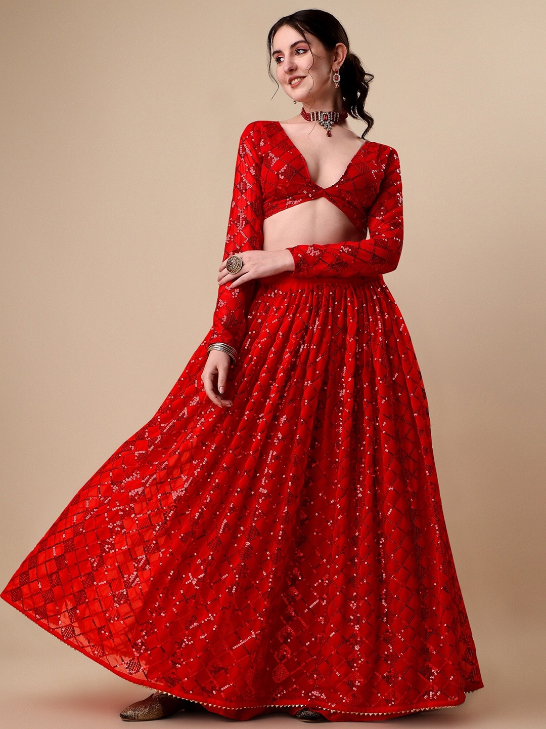 

KALINI Embroidered Sequinned Ready to Wear Lehenga & Unstitched Blouse With Dupatta, Red