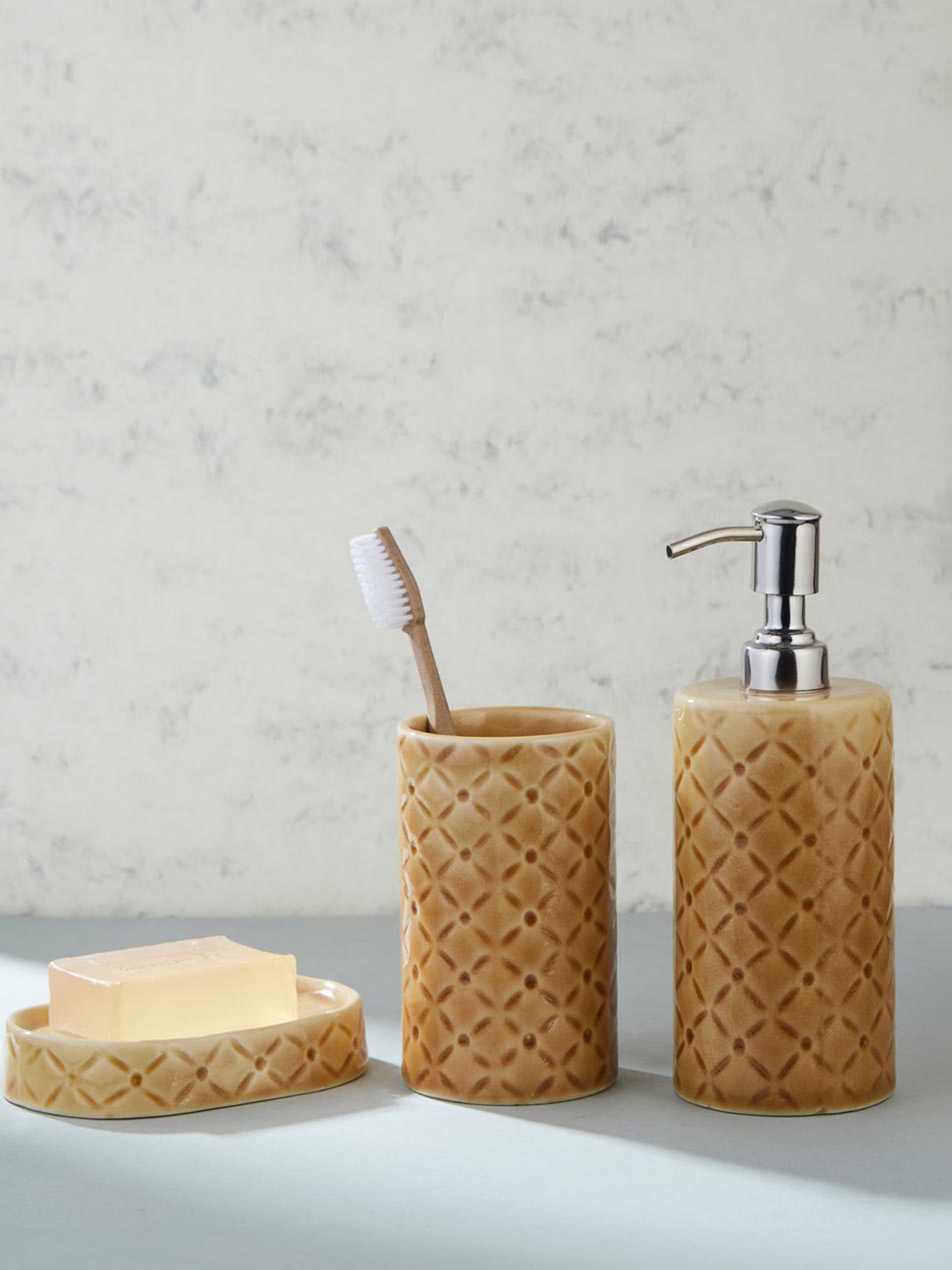 

Fabindia Set Of 3 Geometric Ceramic Bath Accessories Set, Camel brown