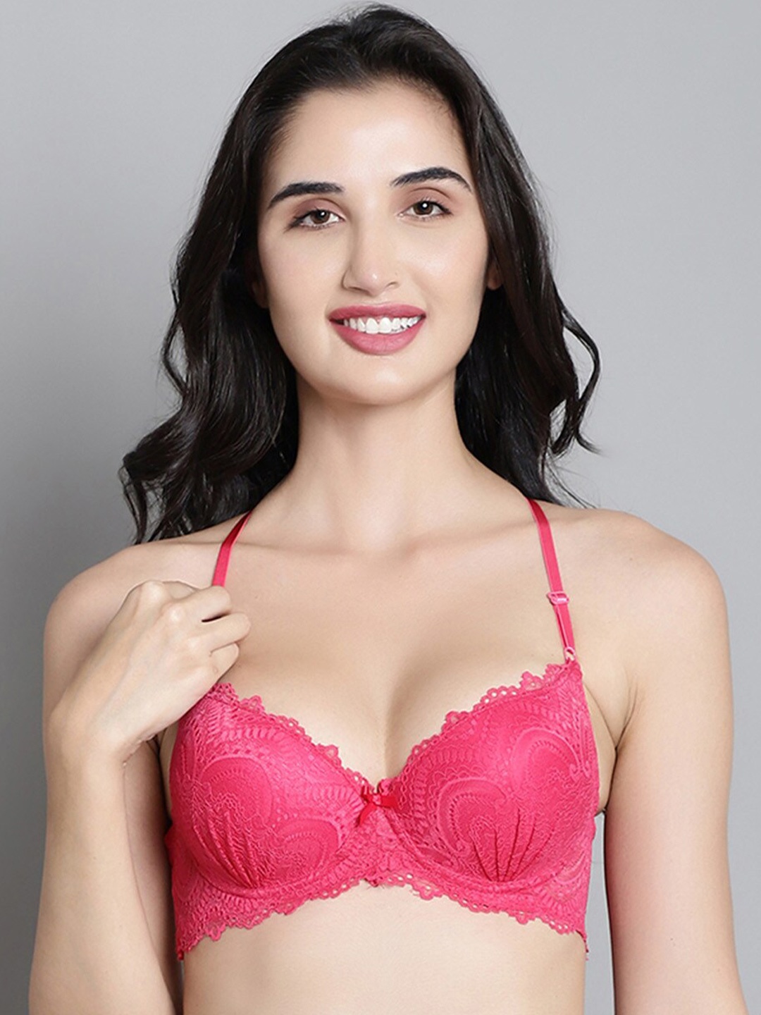 

MAKCLAN Medium Coverage Lightly Padded Plunge Bra With All Day Comfort & Anti Odour, Pink