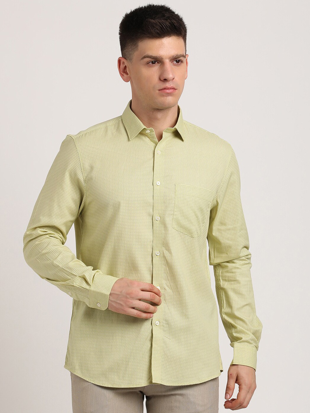 

Turtle Micro Ditsy Printed Standard Slim Fit Cotton Opaque Formal Shirt, Lime green