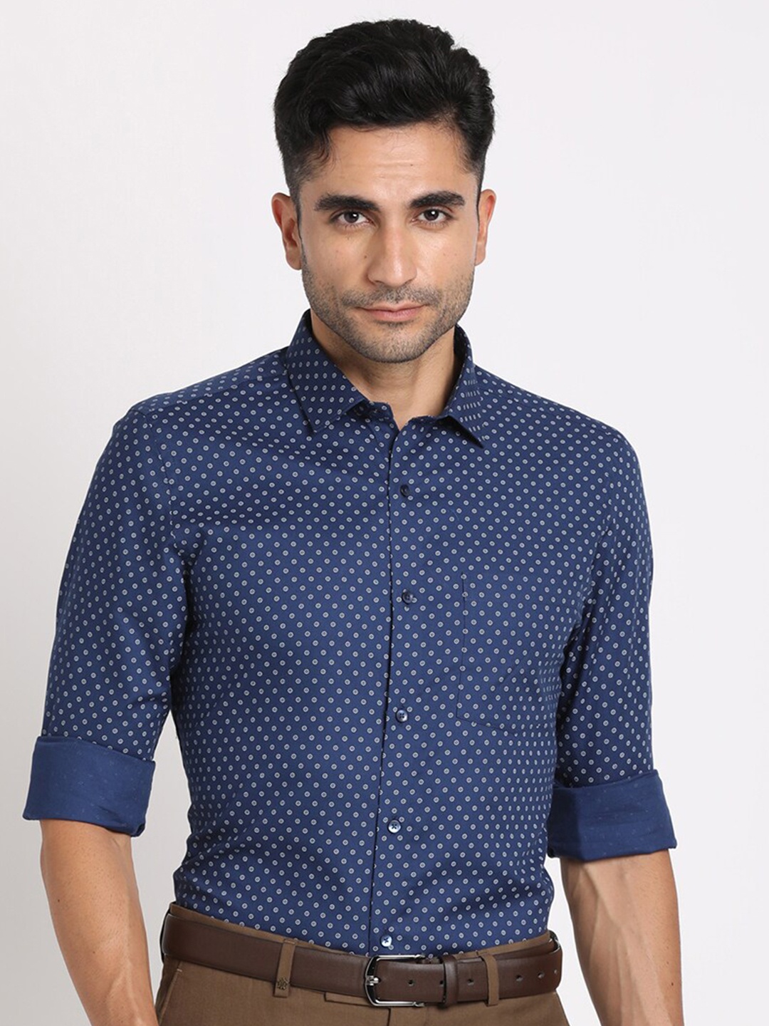 

Turtle Micro Ditsy Printed Standard Slim Fit Cotton Opaque Formal Shirt, Navy blue