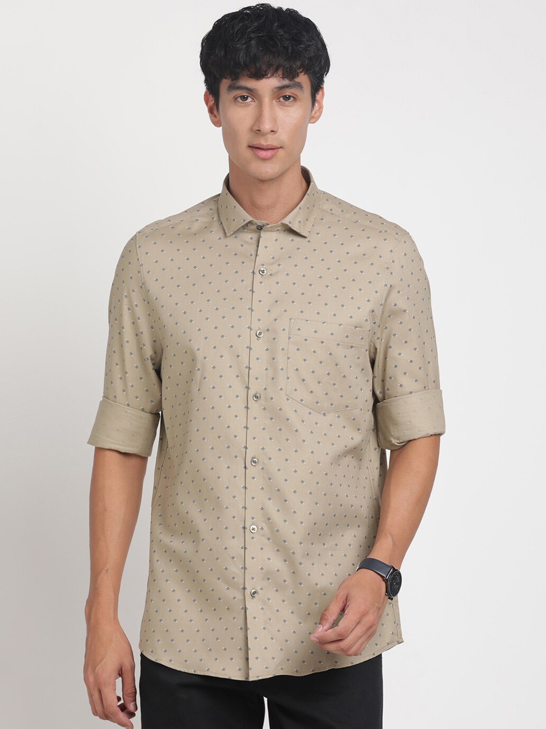Turtle Micro Ditsy Printed Standard Slim Fit Cotton Opaque Printed Casual Shirt, Khaki
