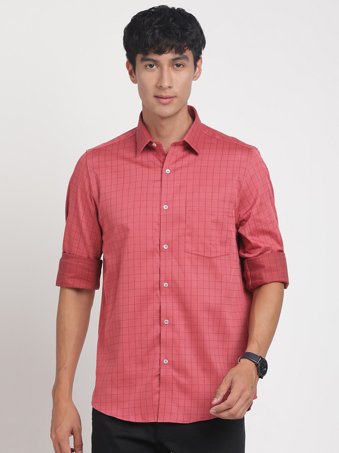 

Turtle Grid Tattersall Checked Standard Slim Fit Cotton Opaque Casual Shirt, Red