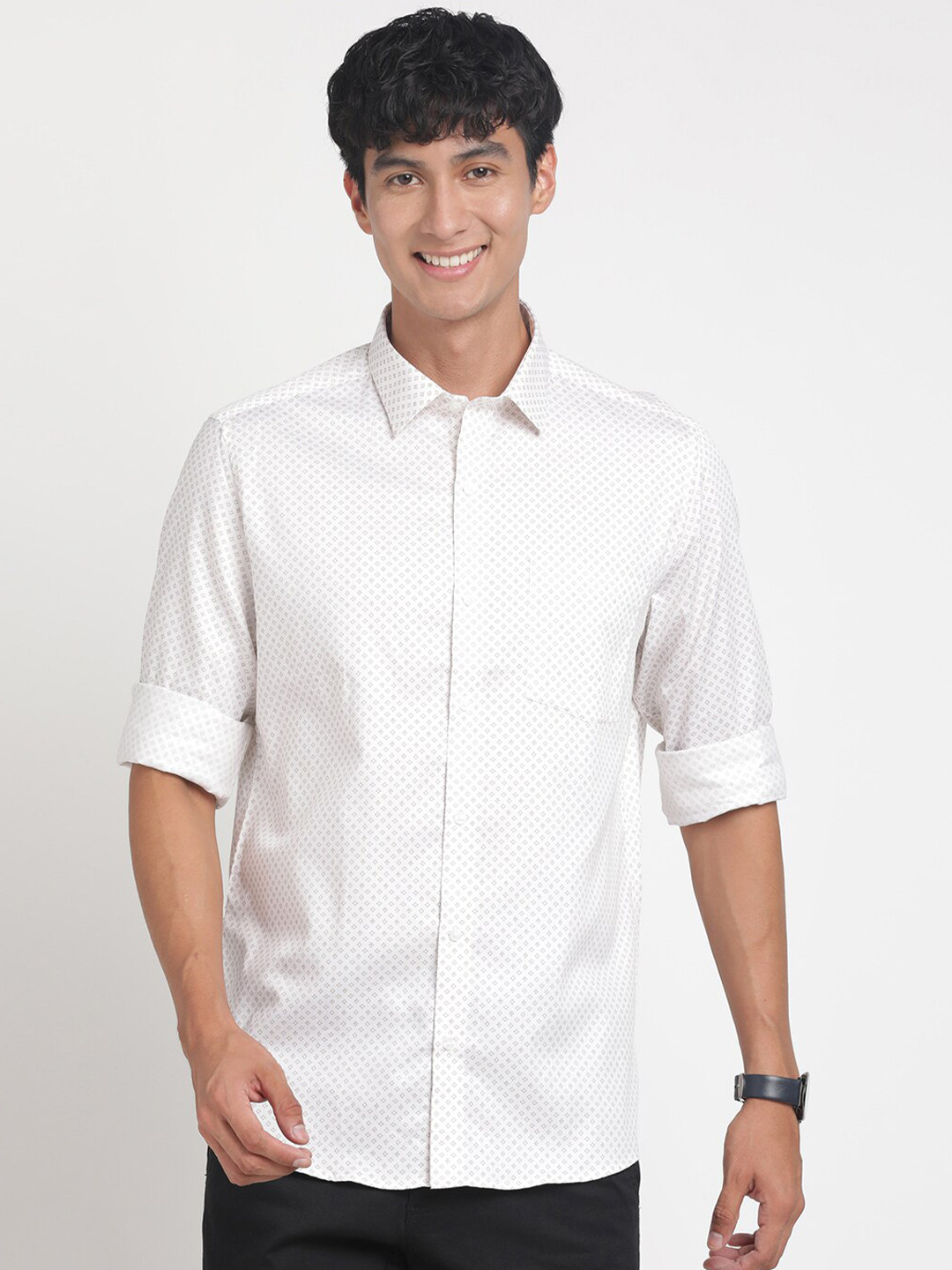 

Turtle Standard Slim Fit Micro Ditsy Printed Pure Cotton Formal Shirt, White