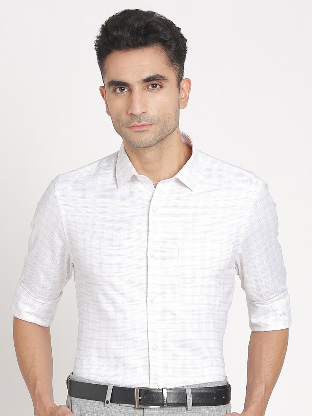 

Turtle Grid Tattersall Checked Standard Slim Fit Cotton Opaque Formal Shirt, White