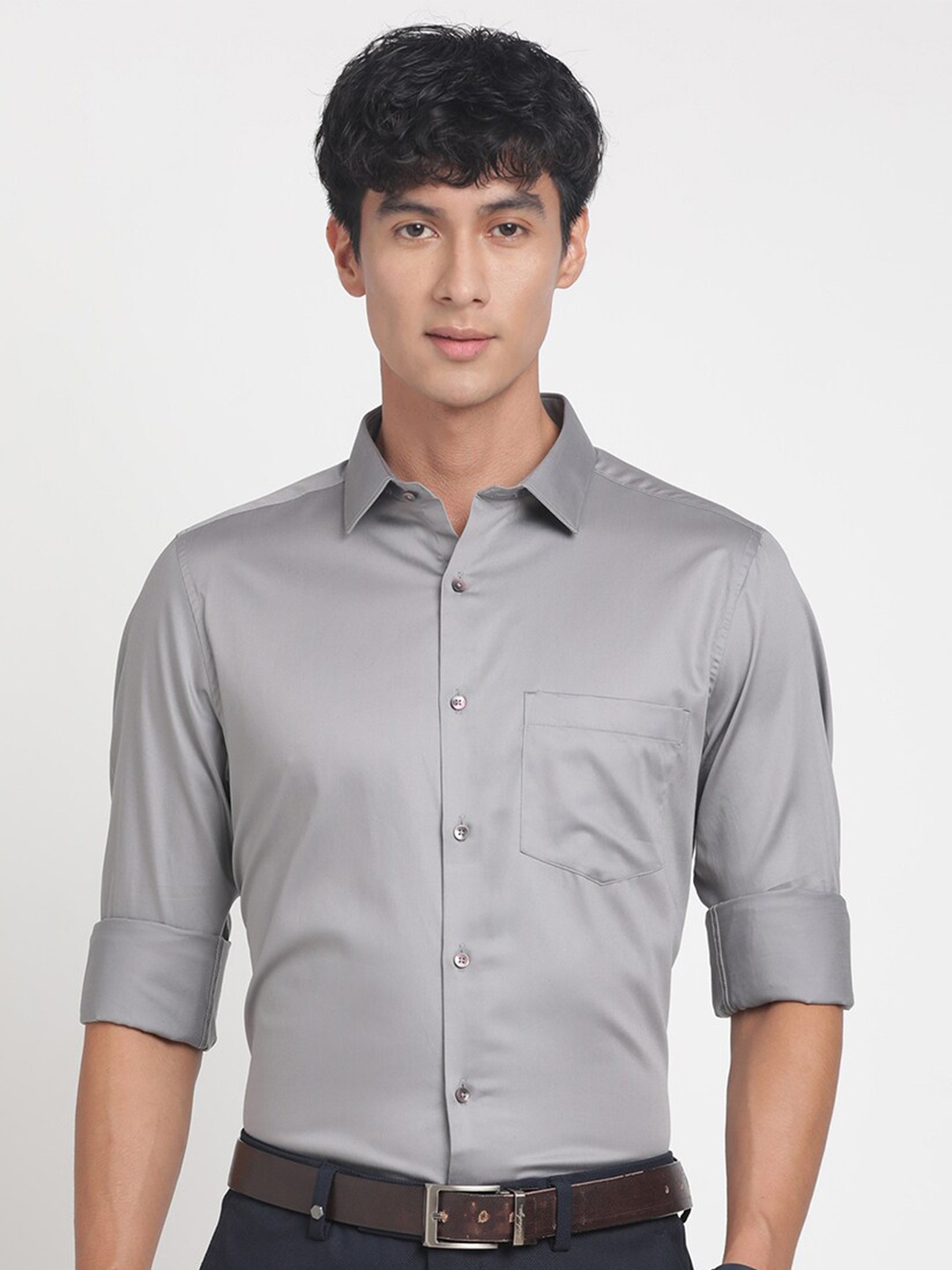 

Turtle Spread Collar Standard Slim Fit Cotton Opaque Formal Shirt, Grey