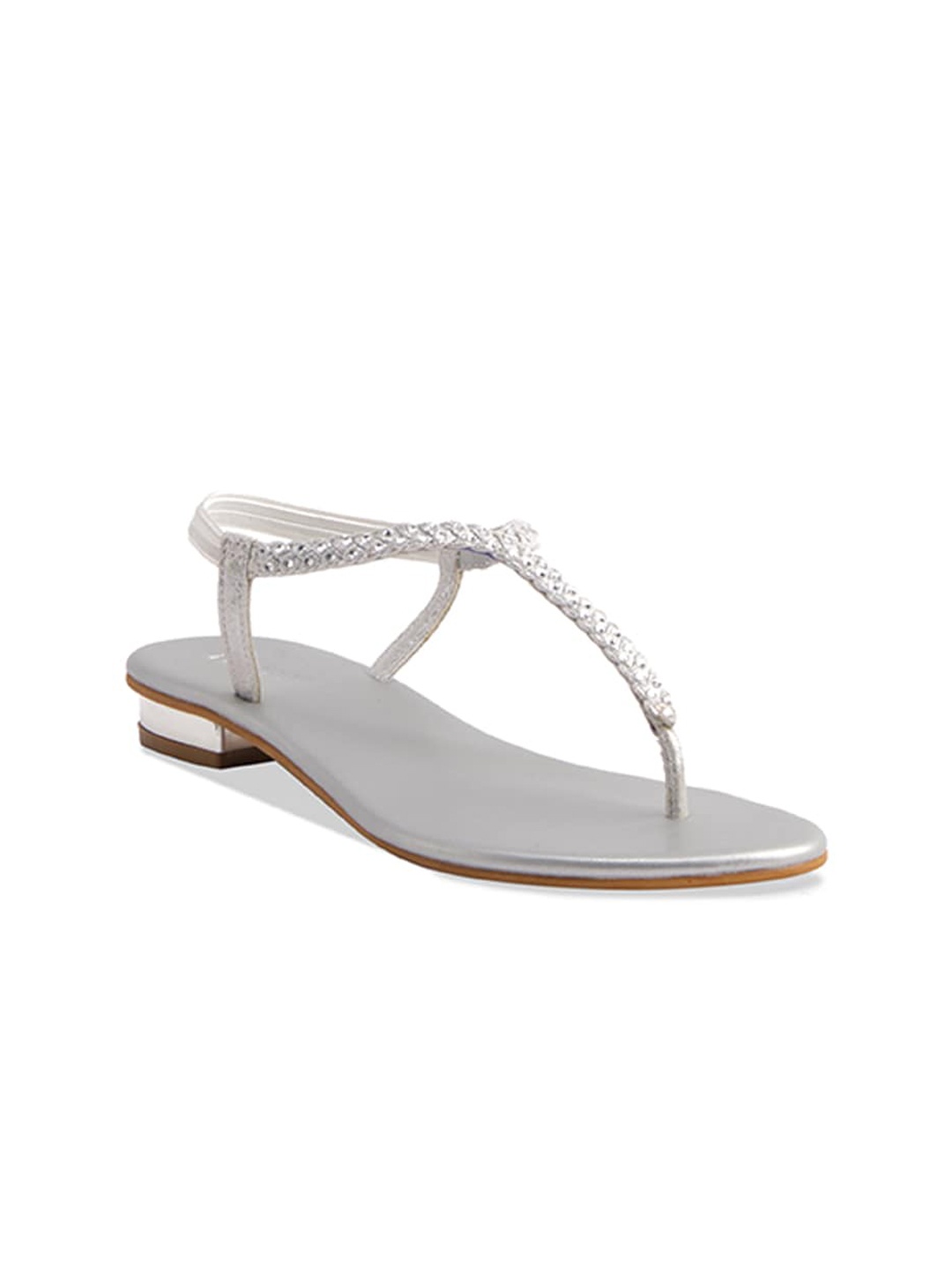 

ERIDANI Textured Open Toe T-Strap Flats, Silver