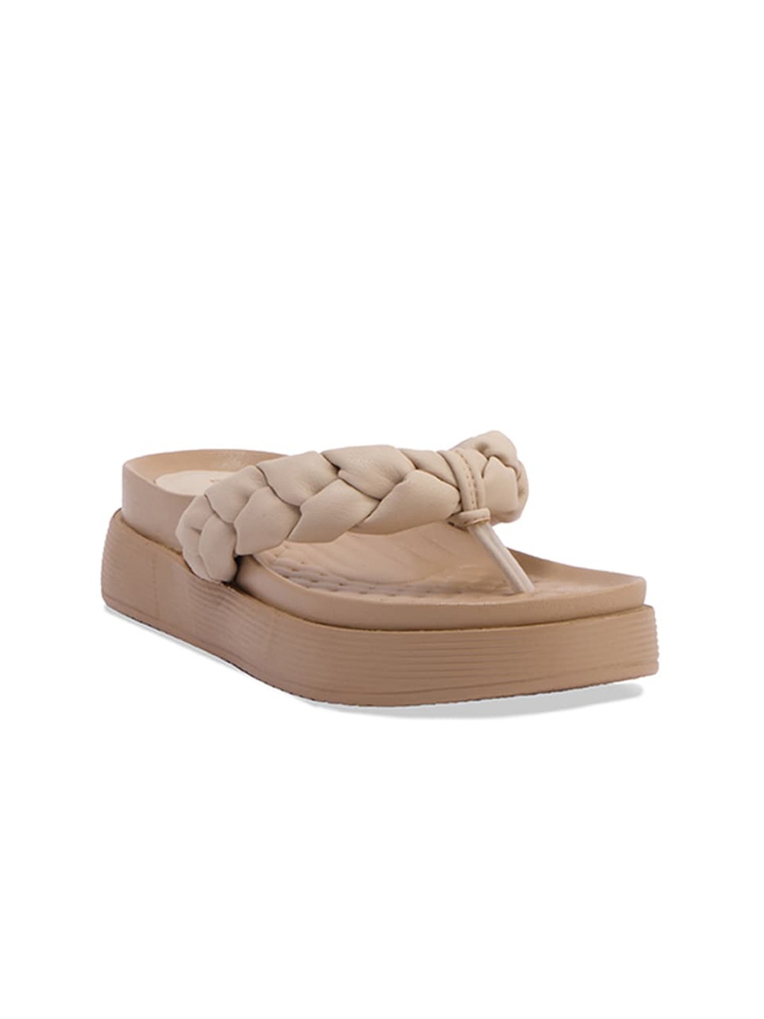 

ERIDANI Textured Open Toe T-Strap Flats, Beige