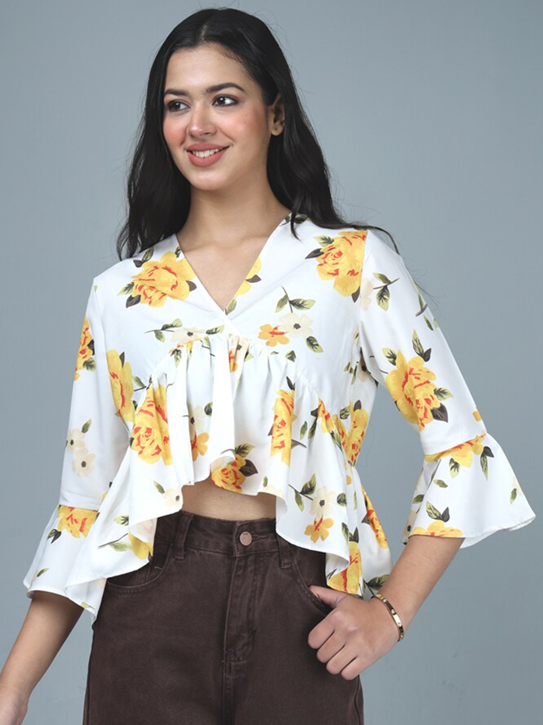 

Eyebogler Floral Printed Bell Sleeves Crop Top, White
