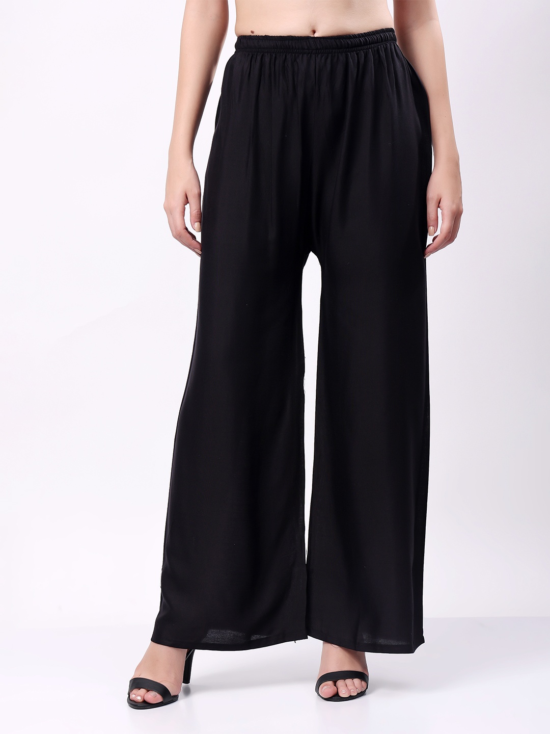 

Keviv Women Flared Knitted Palazzos, Black