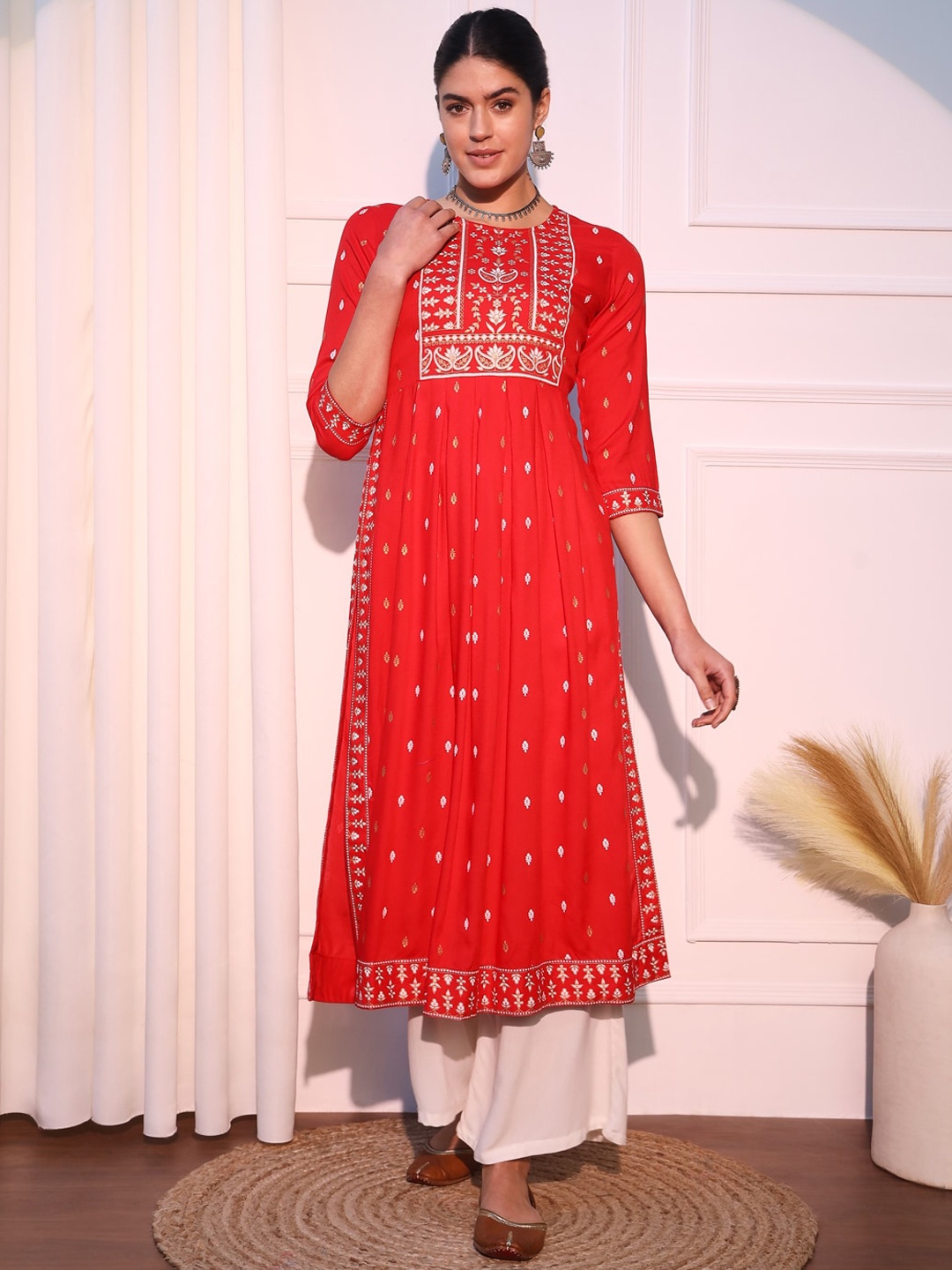 

KALINI Ethnic Motifs Printed Mirror Work A-Line Kurta, Red