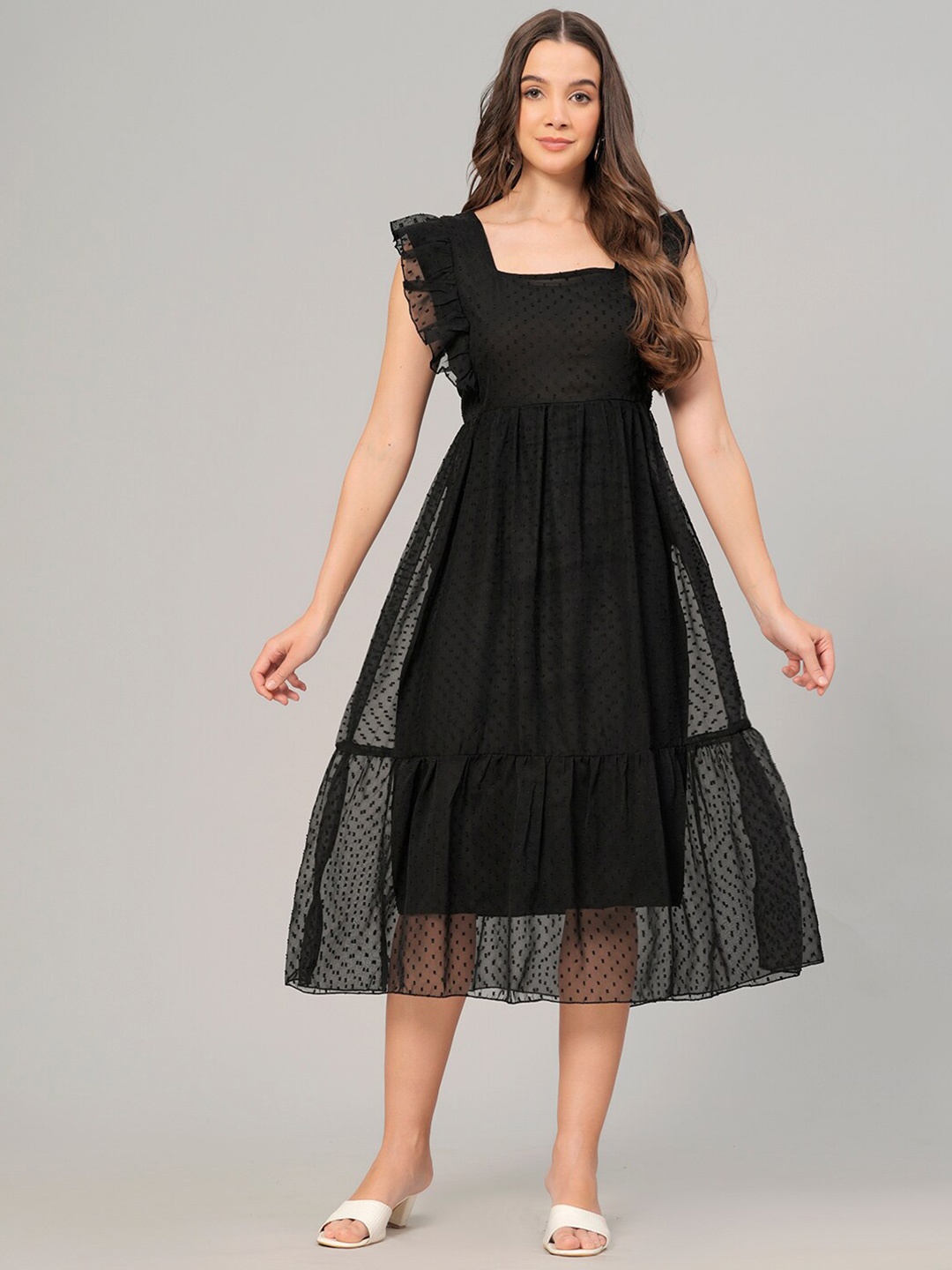 

KALINI Self Design Square Neck Flutter Sleeve Georgette A-Line Midi Dress, Black