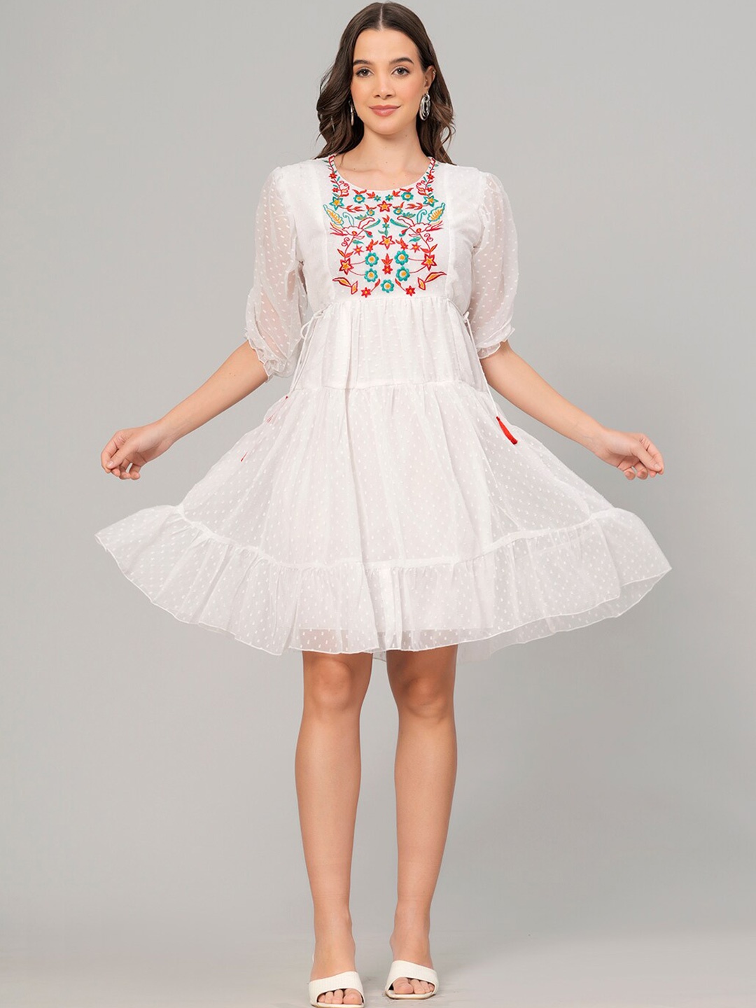 

KALINI Floral Embroidered Georgette Fit & Flare Dress, White