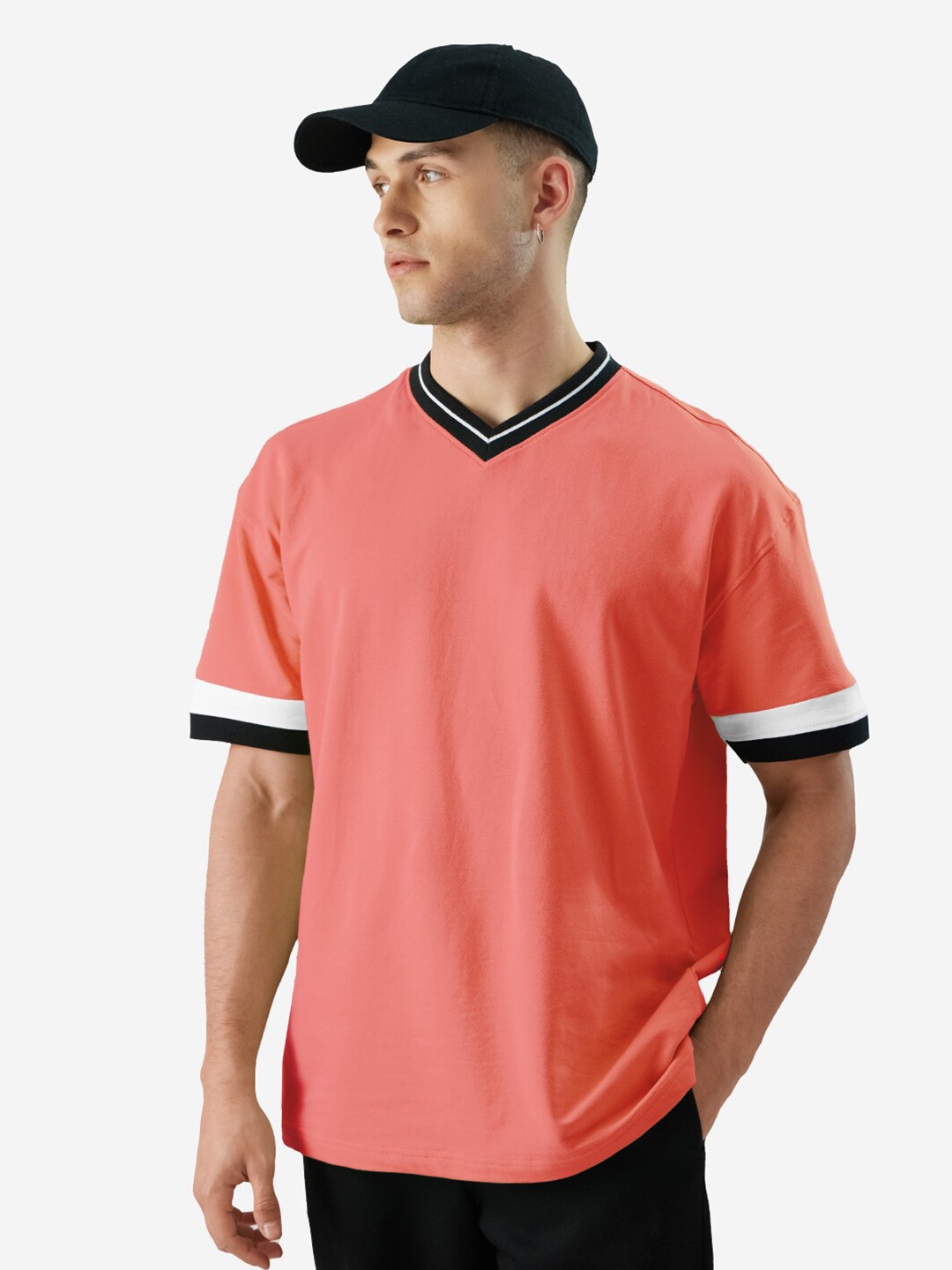

The Souled Store Pink V-Neck Drop Shoulder Sleeves Oversized Pure Cotton T-shirt