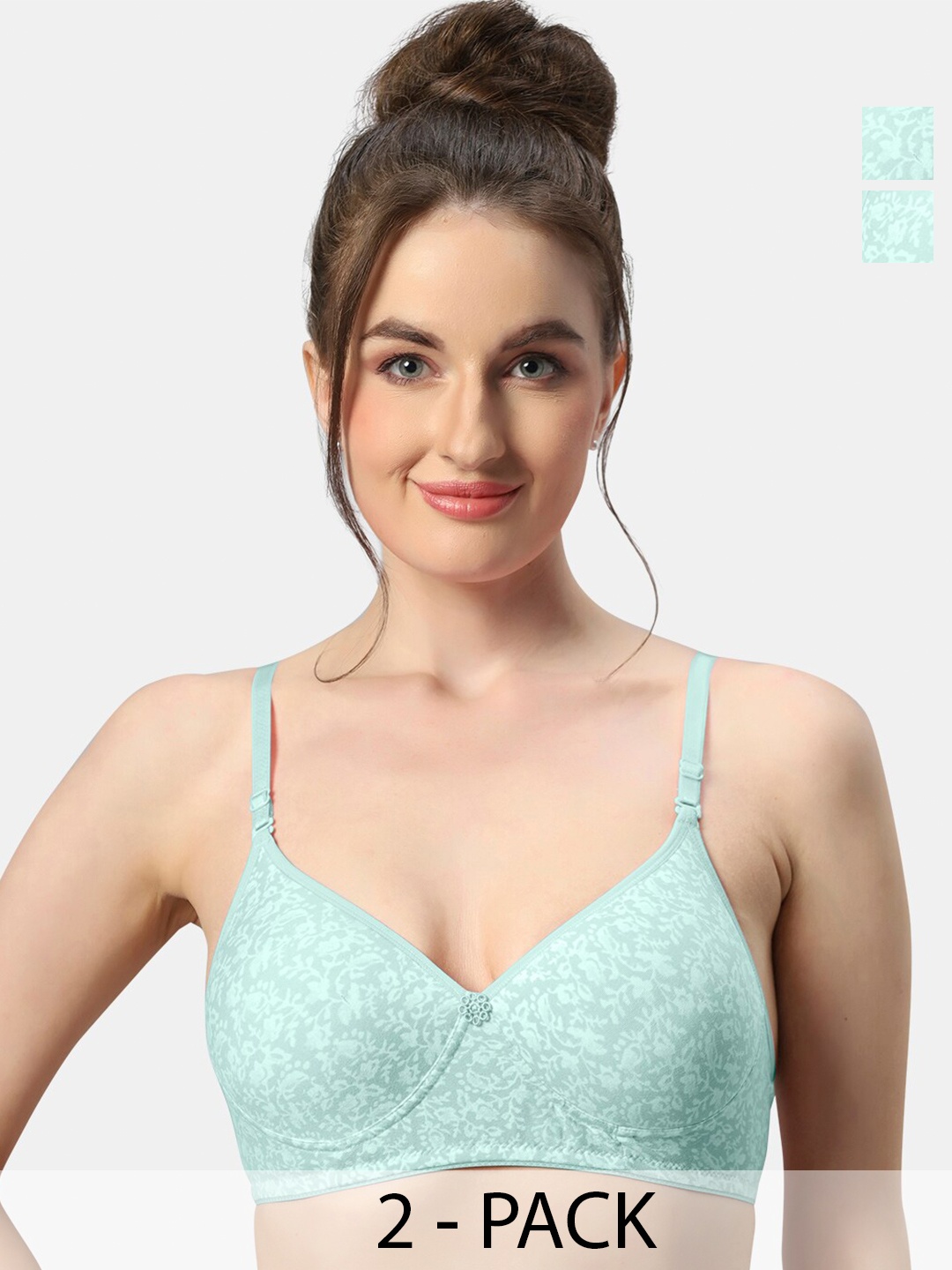 

Sonari Pack of 2 Floral Printed Medium Coverage Seamless T-Shirt Bras All Day Comfort, Green