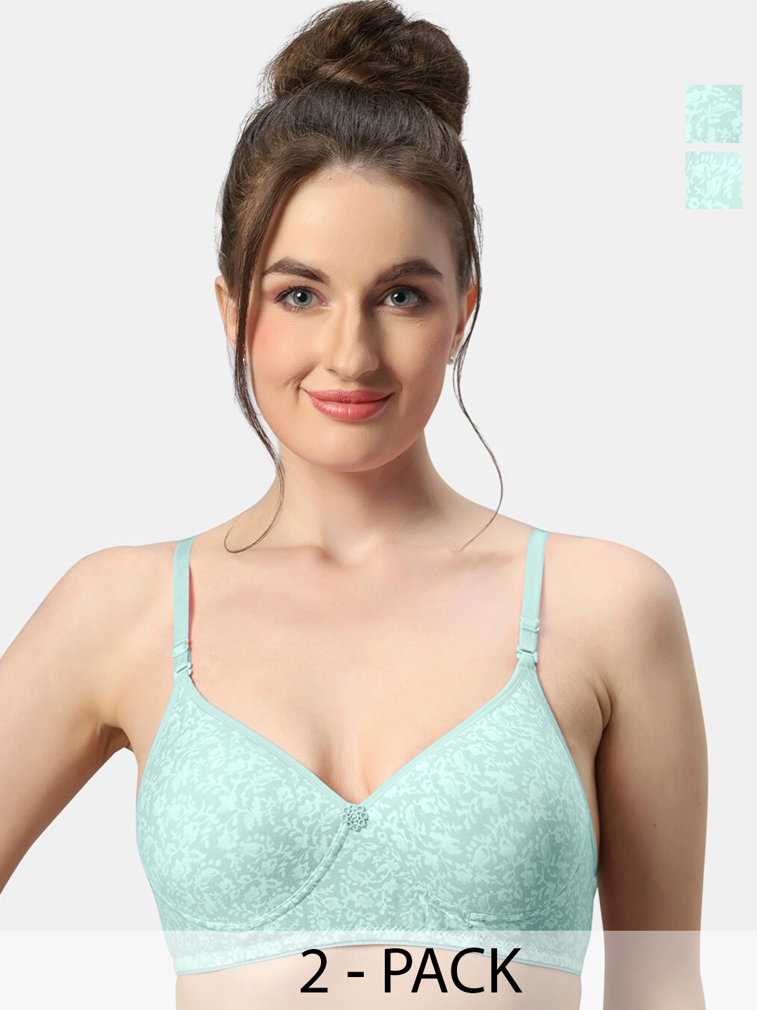 

Sonari Pack of 2 Floral Printed Medium Coverage Seamless T-Shirt Bras All Day Comfort, Green