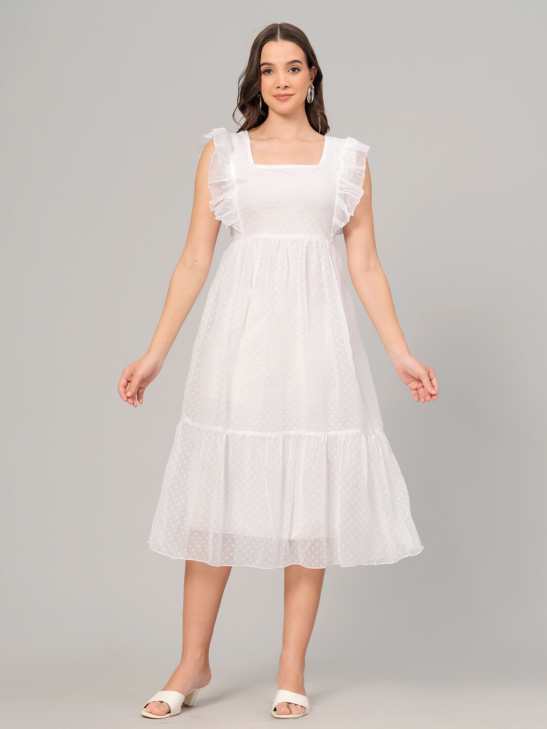 

HIGHLIGHT FASHION EXPORT Self Design Square Neck Gathered Detail Fit & Flare Midi Dress, White