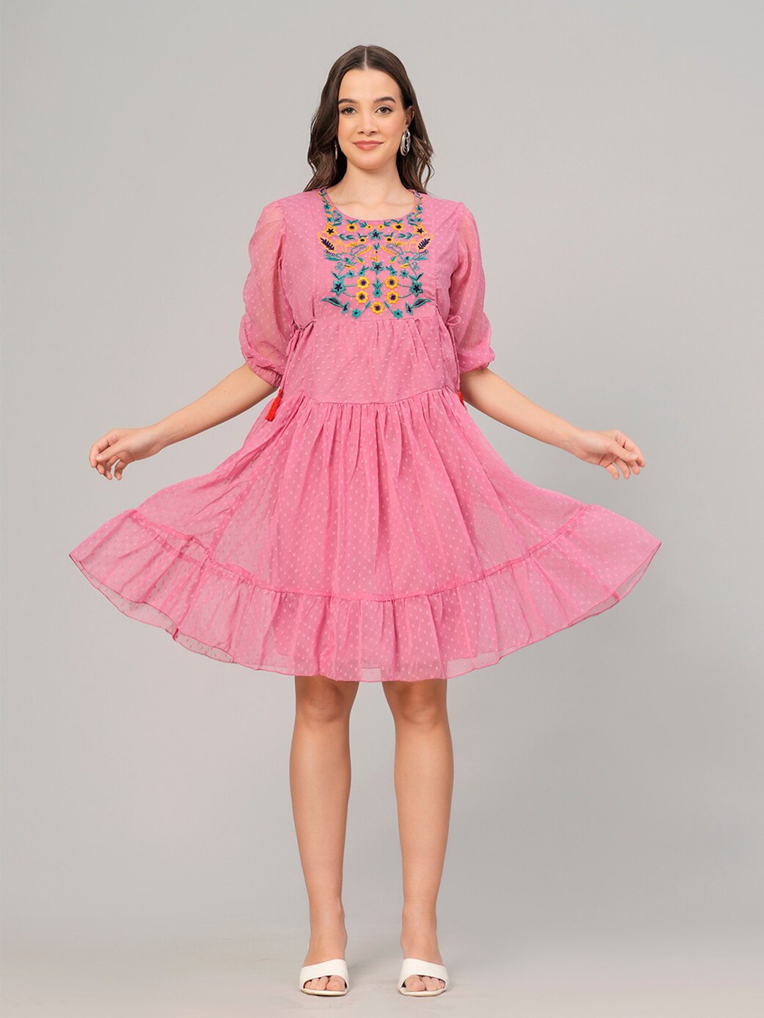 

HIGHLIGHT FASHION EXPORT Floral Embroidered Georgette Fit & Flare Above Knee Dress, Pink