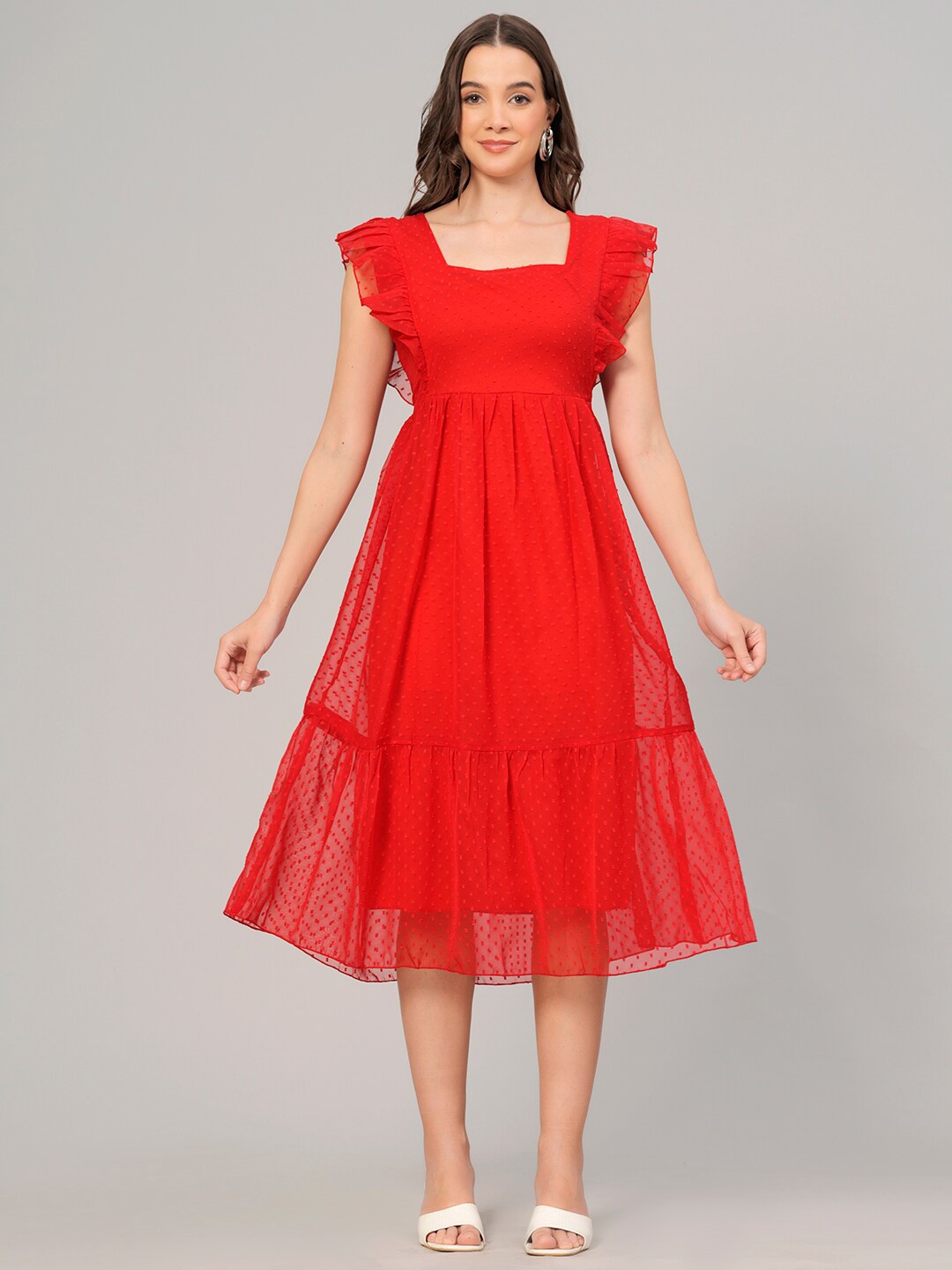 

HIGHLIGHT FASHION EXPORT Self Design Flutter Sleeve Georgette Fit & Flare Midi Dress, Red