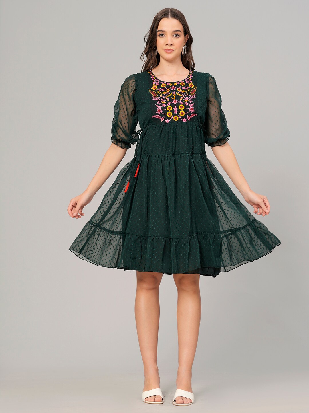 

HIGHLIGHT FASHION EXPORT Self Design Embroidered Detailed A-Line Dress, Green