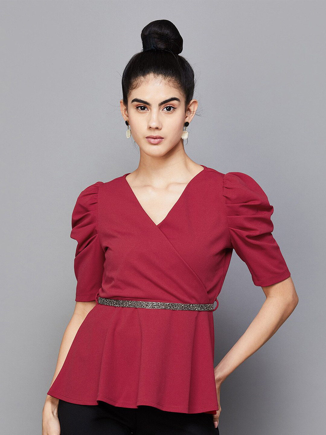 

CODE by Lifestyle V-Neck Puff Sleeve Wrap Top, Red