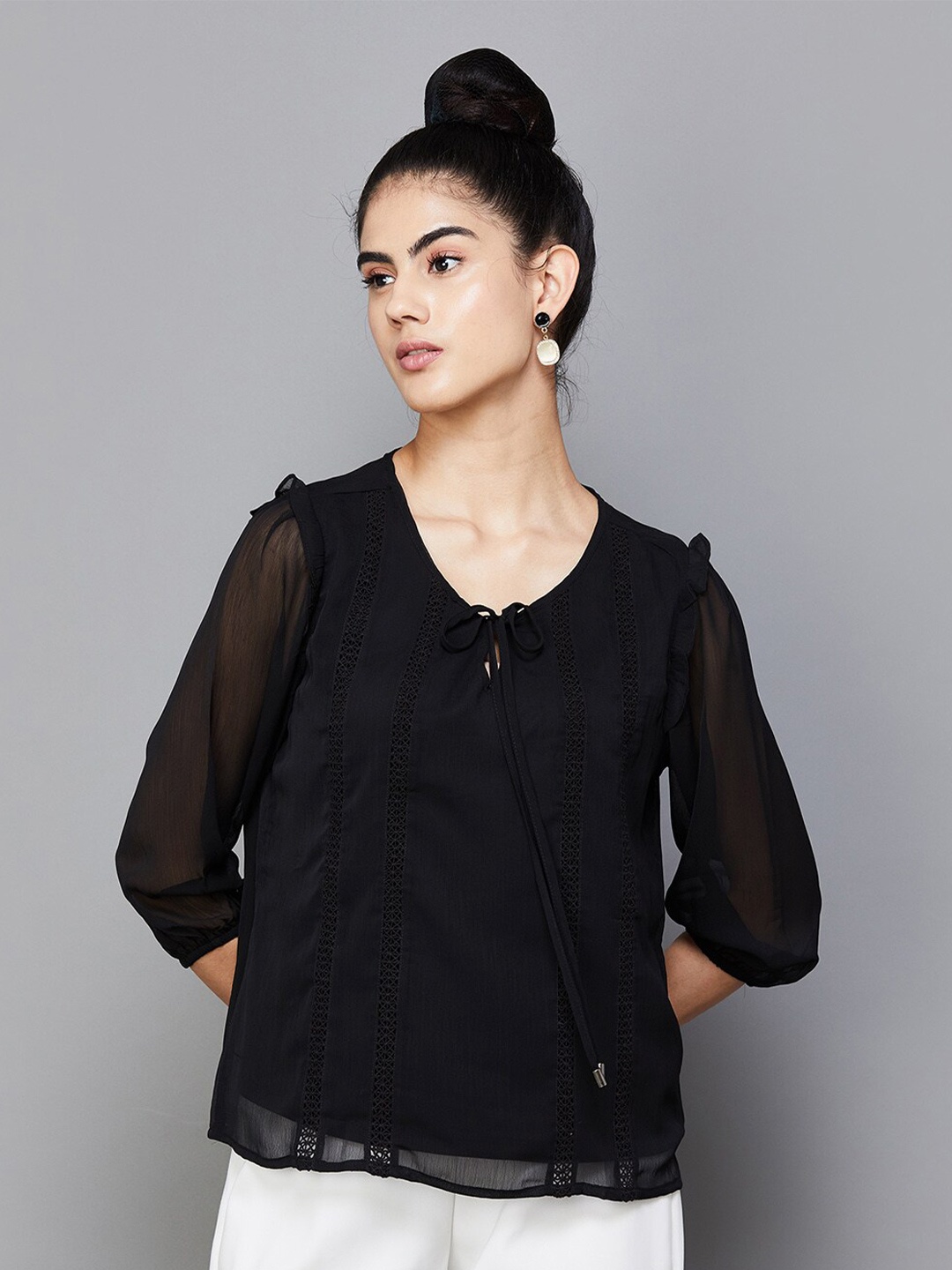 

CODE by Lifestyle Tie-Up Neck Puff Sleeve Top, Black