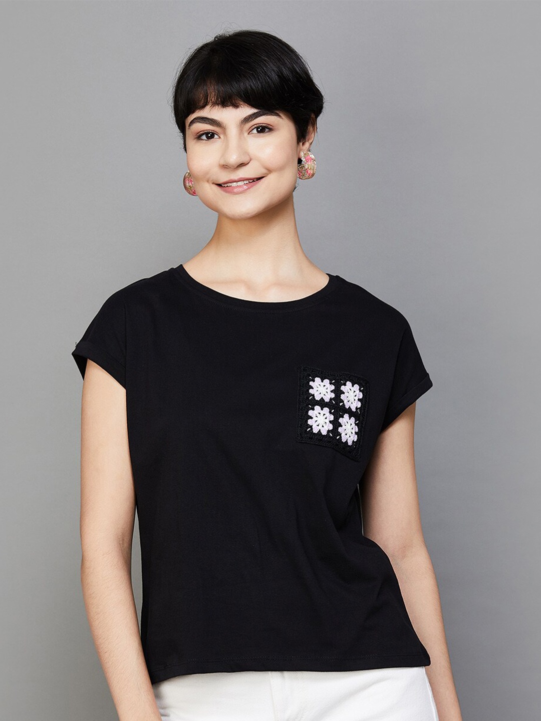

Fame Forever by Lifestyle Extended Sleeves Embroidered Cotton Top, Black