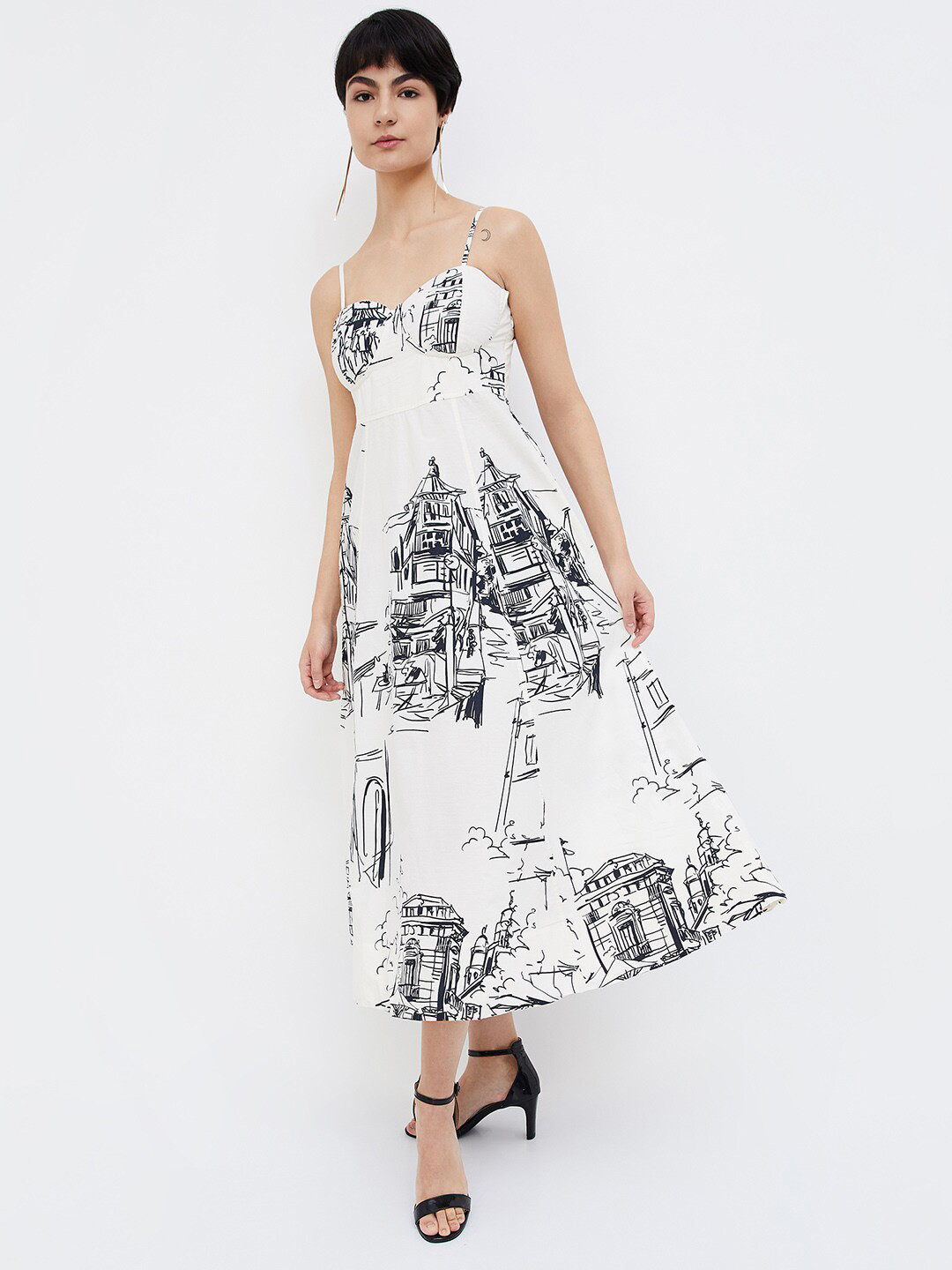 

Ginger by Lifestyle Floral Printed Shoulder Straps Pure Cotton A-Line Midi Dress, Black