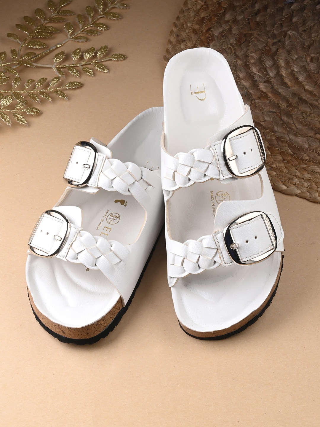 

El Paso Textured Buckles Detail Open Toe Flats, White