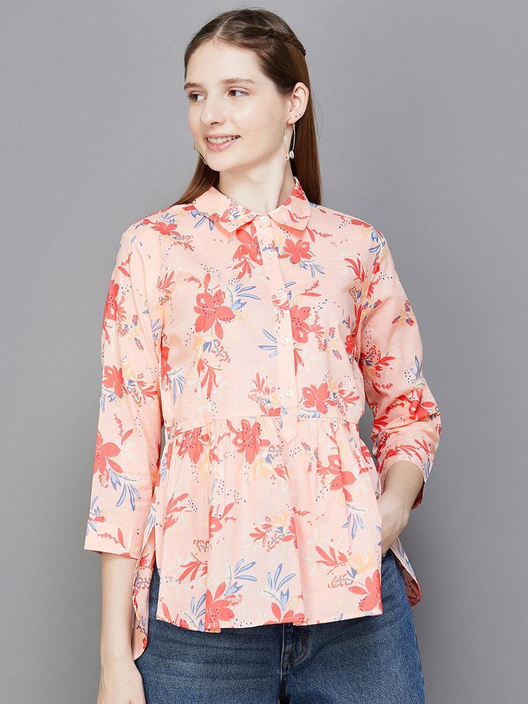 

Colour Me by Melange Floral Printed High Low Cotton Shirt Style Top, Peach