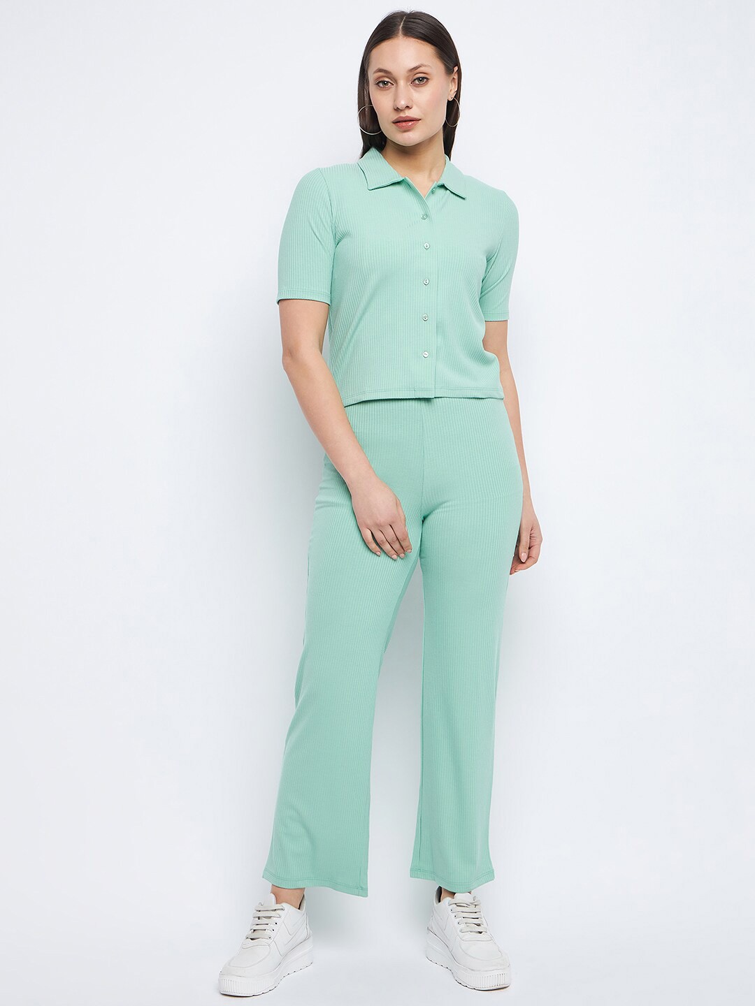 

Madame Ribbed Short Sleeves Shirt & Trouser, Green