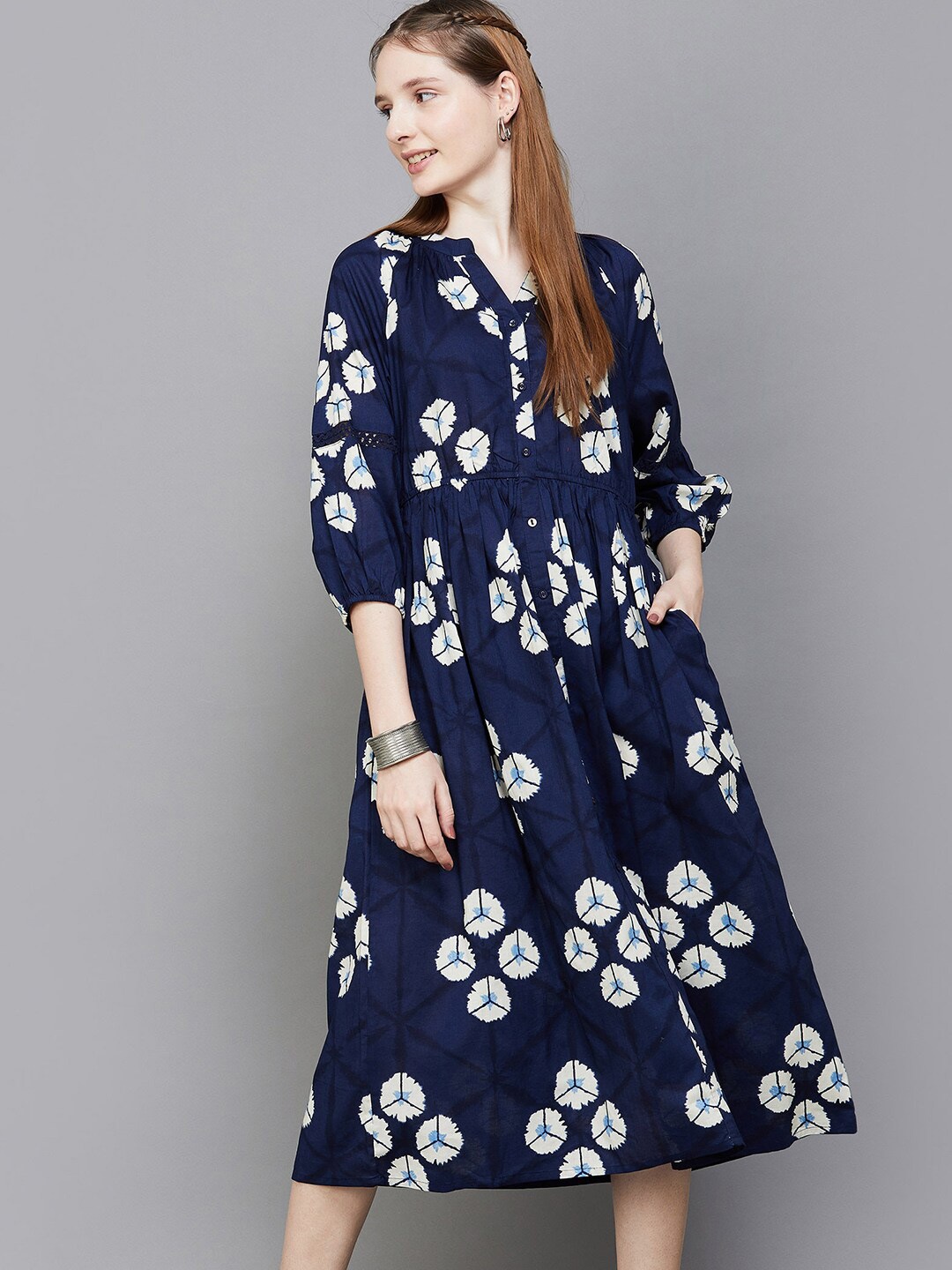 

Colour Me by Melange Floral Printed Puff Sleeve Cotton Midi Shirt Dress, Blue