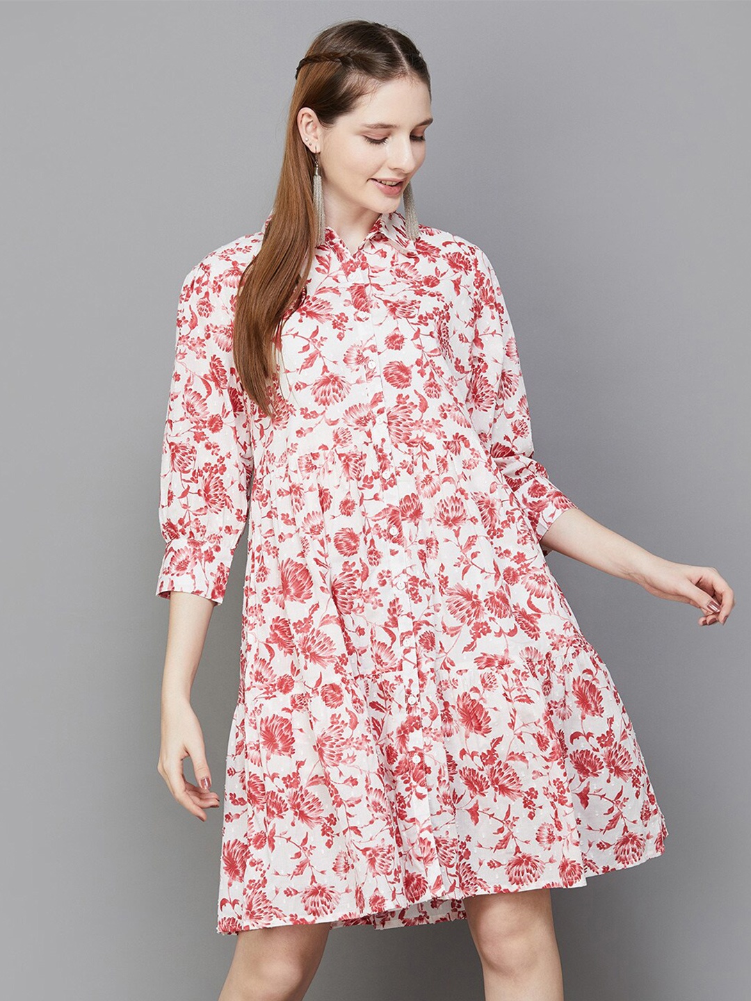 

Colour Me by Melange Floral Printed Tiered Cotton Above Knee Shirt Dress, White