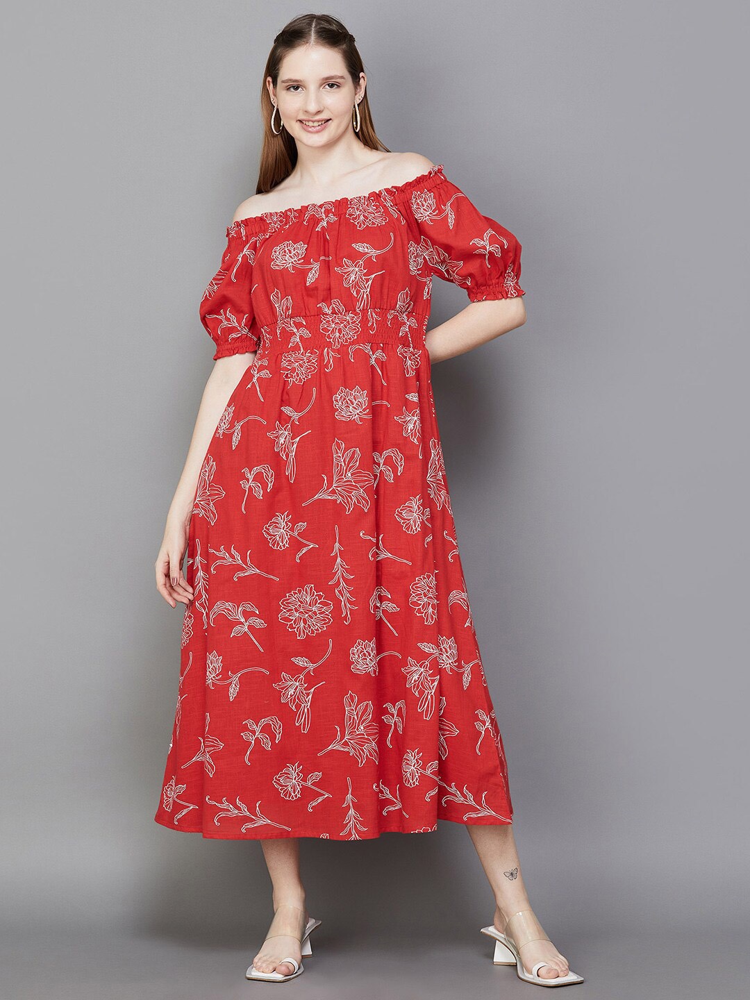 

Colour Me by Melange Floral Printed Off-Shoulder Puff Sleeve Fit & Flare Midi Dress, Red