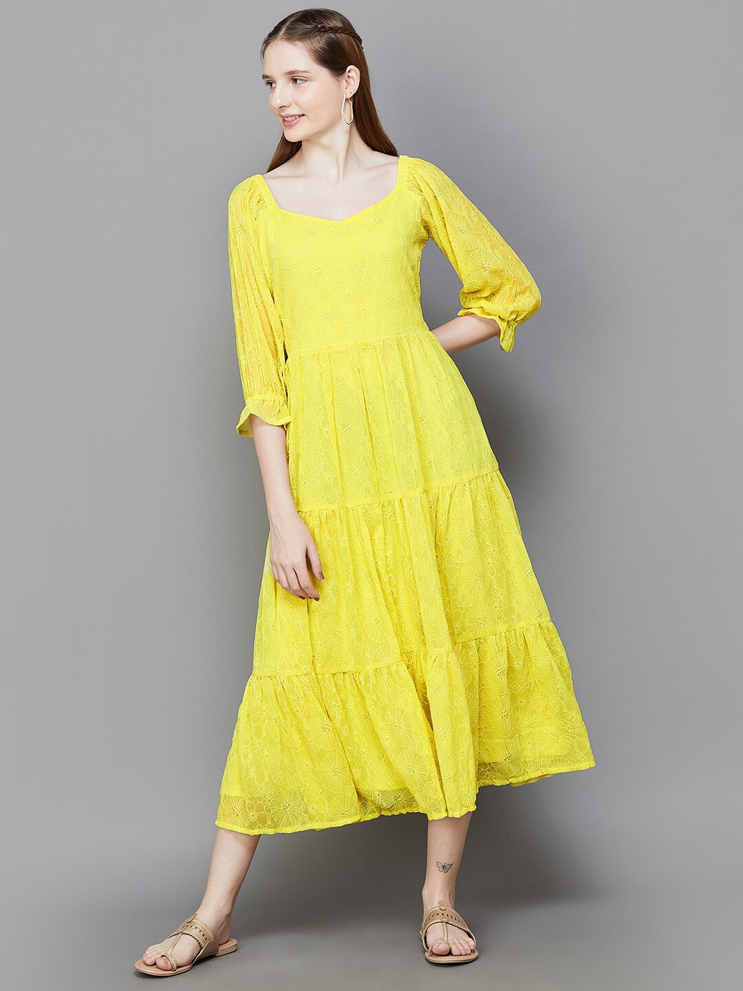 

Colour Me by Melange Floral Printed Tiered Cotton Fit & Flare Midi Dress, Yellow