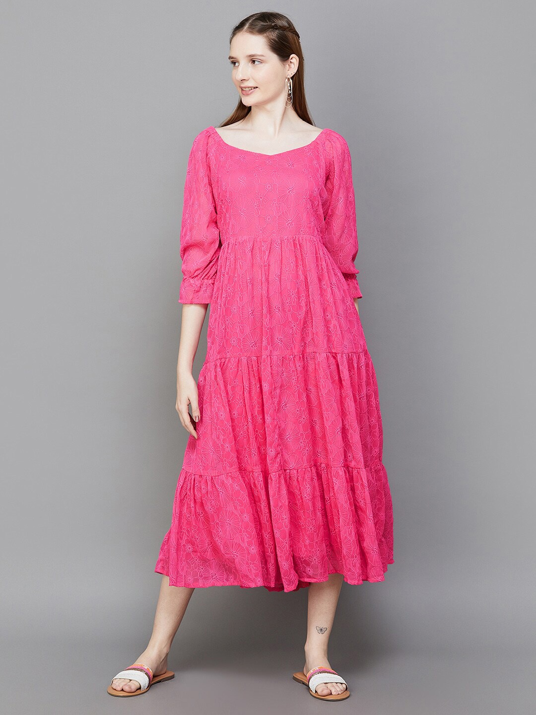 

Colour Me by Melange Floral Printed Tiered Cotton Fit & Flare Midi Dress, Pink