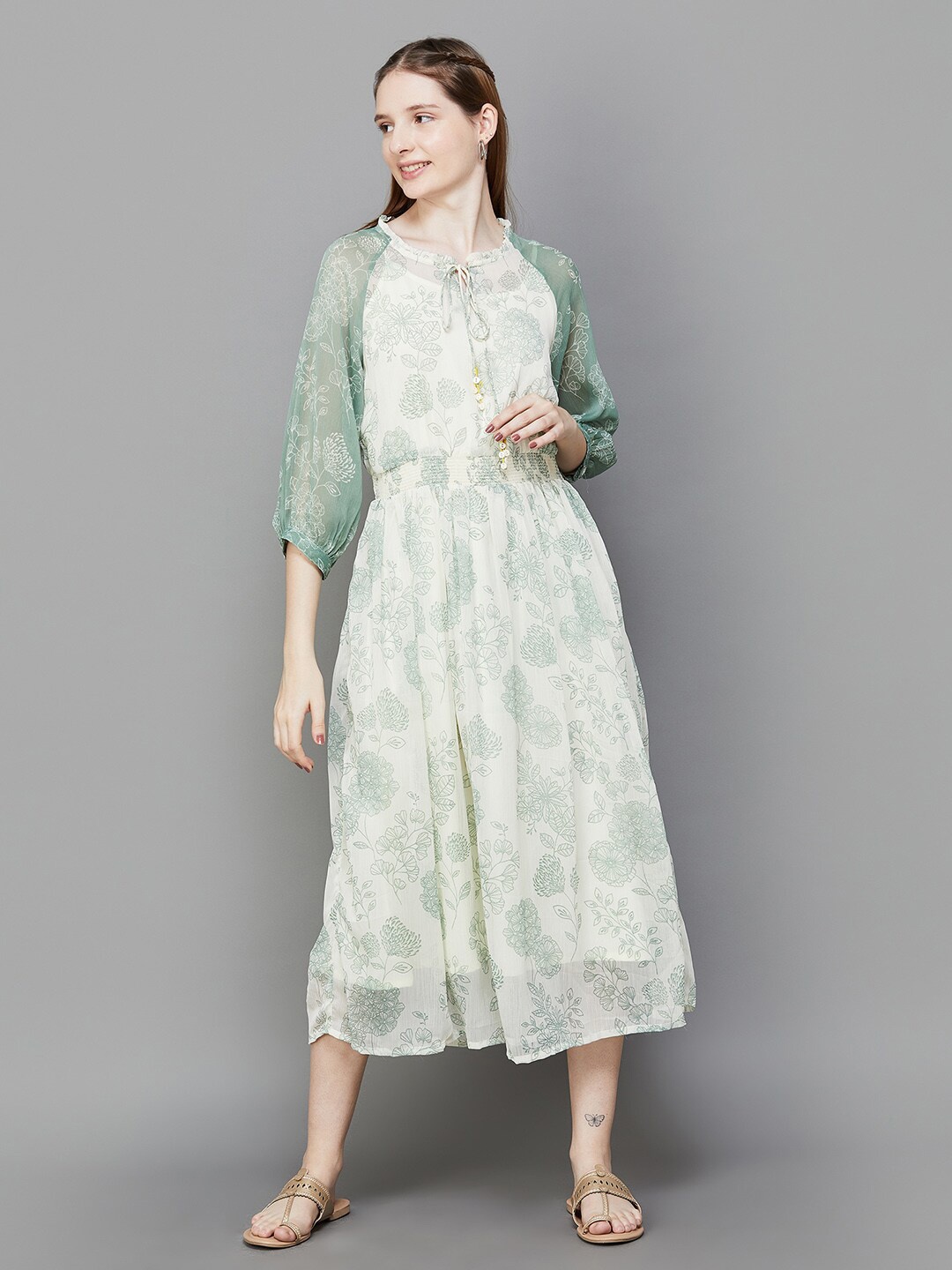 

Colour Me by Melange Floral Printed Tie-Up Neck Fit & Flare Midi Dress, Off white