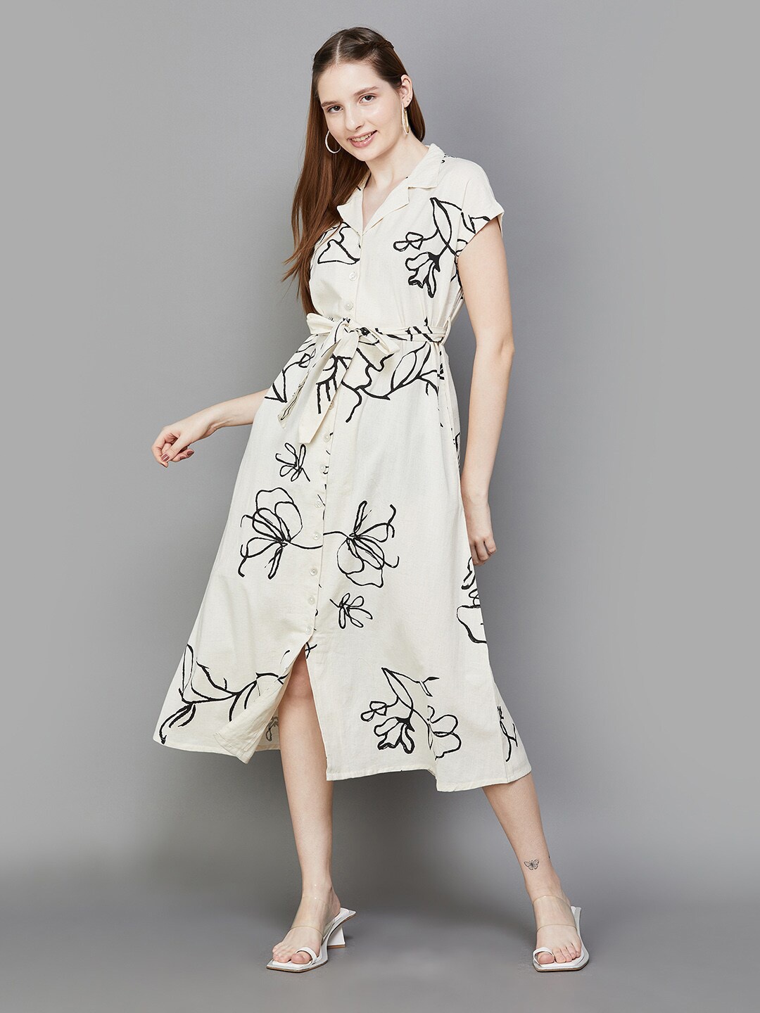 

Colour Me by Melange Floral Printed Midi Shirt Dress, Off white