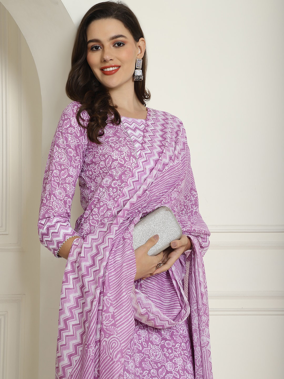 

Anouk Purple Floral Printed Gotta Patti Pure Cotton Kurta With Trousers & Dupatta