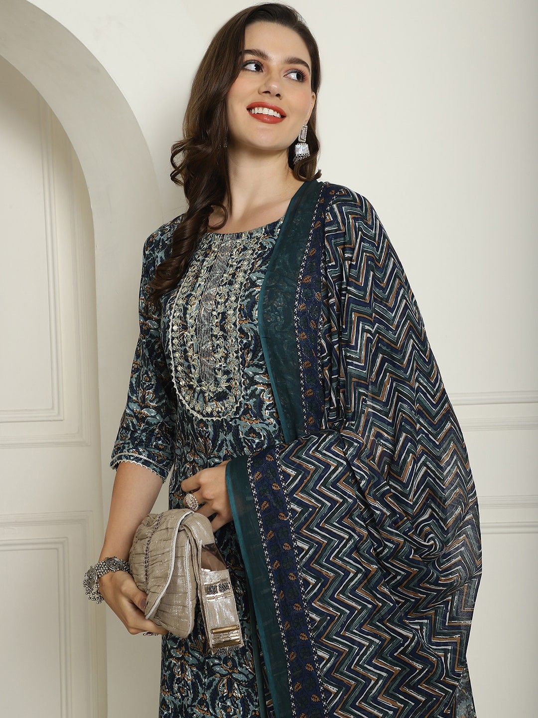 

Anouk Floral Printed Mirror Work Kurta With Trousers & Dupatta, Blue