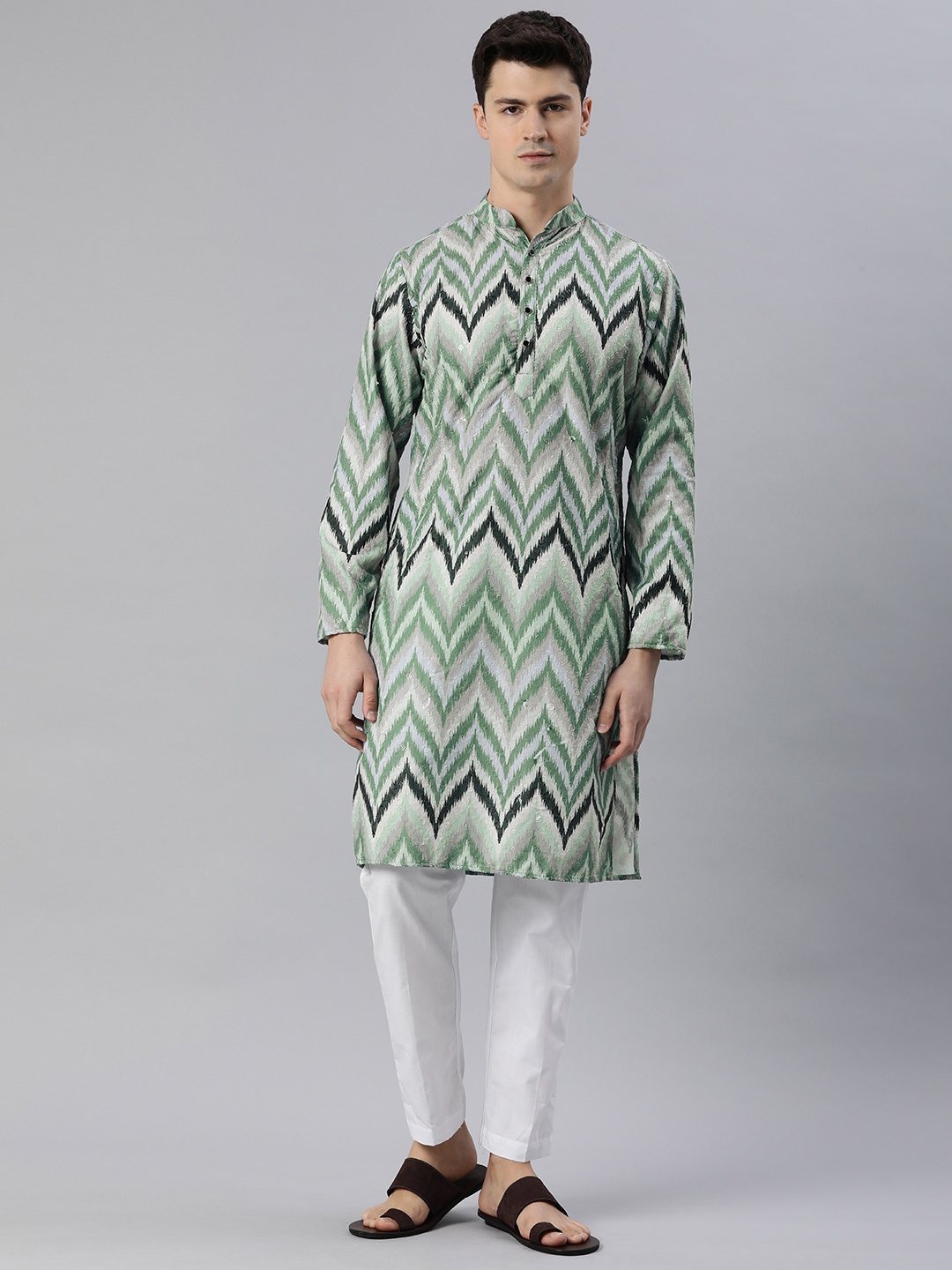 

Majestic Man Men Chevron Embroidered Sequinned Kurta, Green