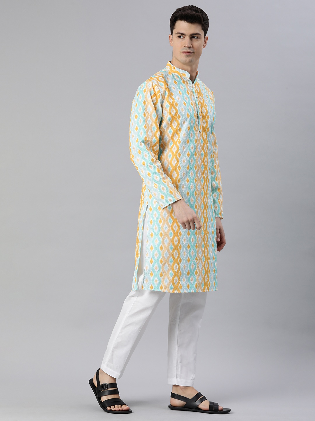 

Majestic Man Men Geometric Embroidered Sequinned Kurta, Blue