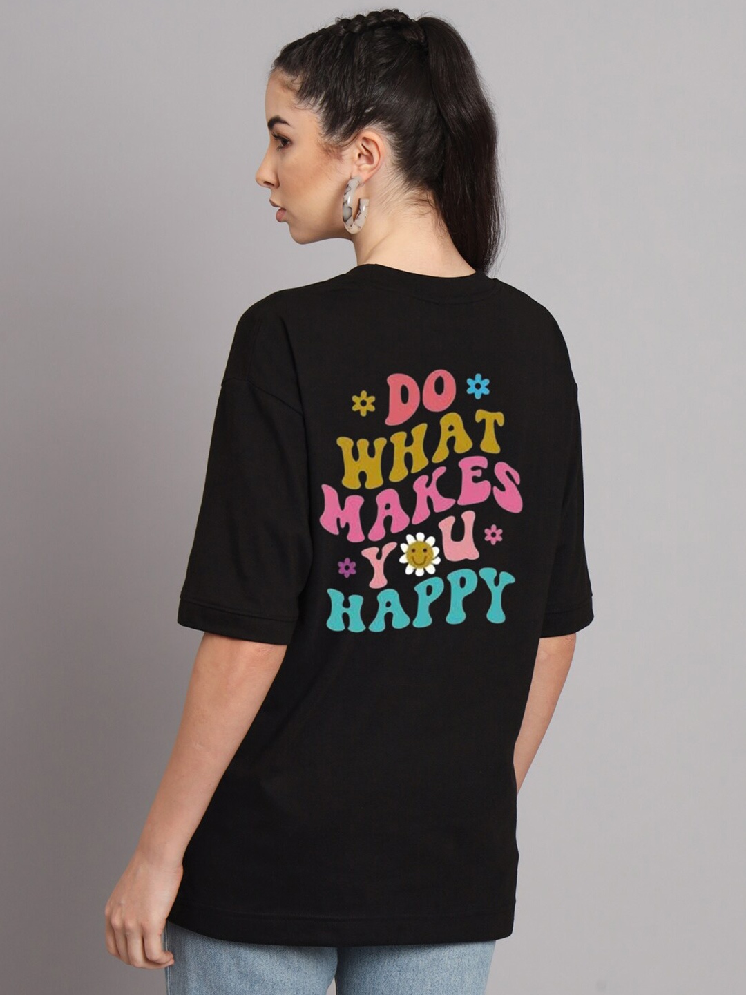 

YOU FOREVER Typography Printed Longline Oversized Cotton T-shirt, Black