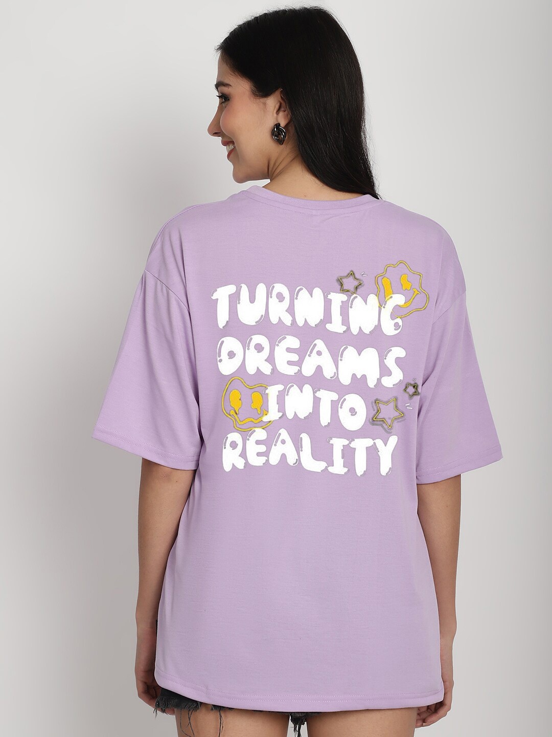 

YOU FOREVER Typography Printed Drop-Shoulder Sleeves Cotton Oversized T-Shirt, Purple