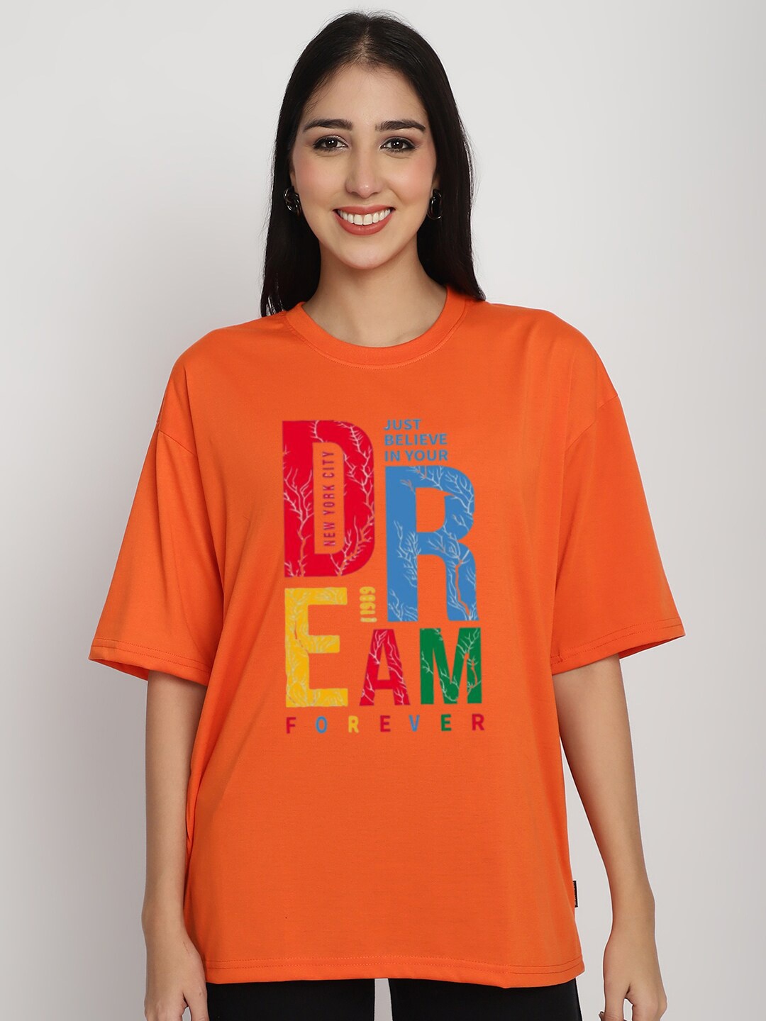 

YOU FOREVER Printed Oversized Longline Cotton T-shirt, Orange