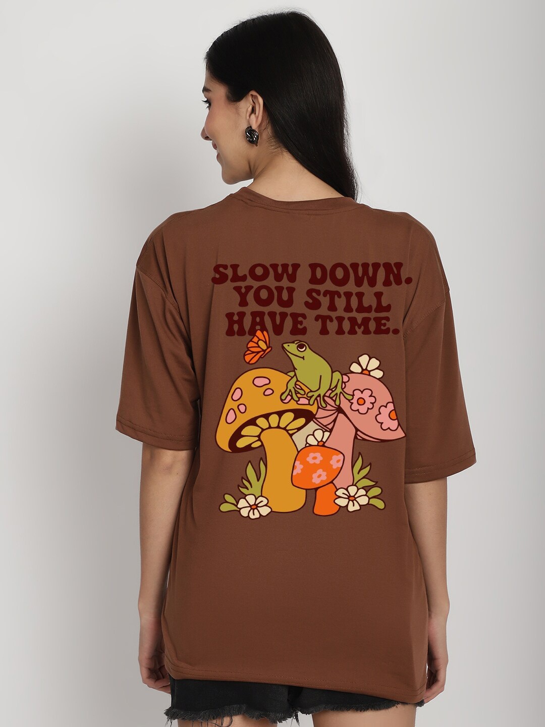 

YOU FOREVER Printed Oversized Longline Cotton T-shirt, Brown
