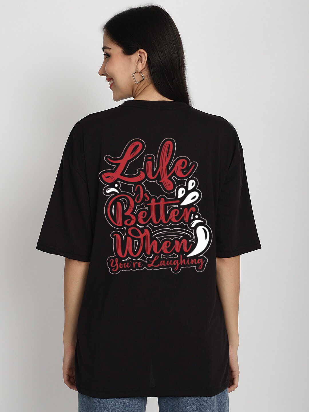 

YOU FOREVER Typography Printed Drop-Shoulder Sleeves Oversized Pure Cotton T-shirt, Black