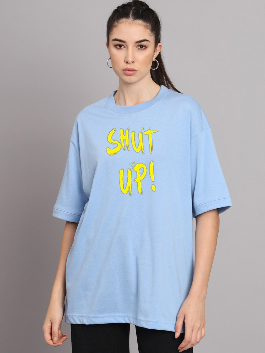 

YOU FOREVER Typography Printed Oversized Longline Cotton T-shirt, Blue