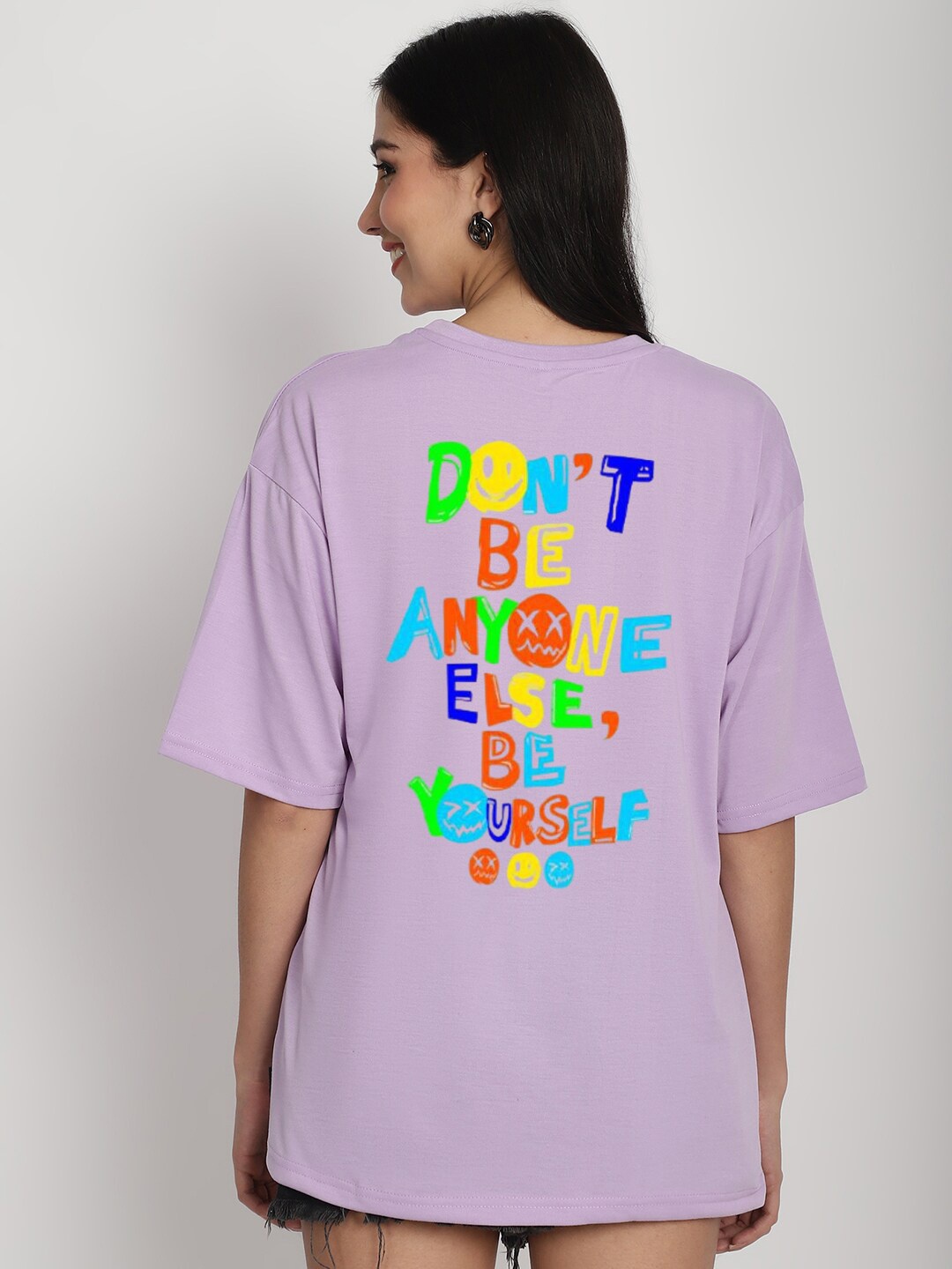 

YOU FOREVER Typography Printed Cotton Drop-Shoulder Sleeves Oversized T-shirt, Purple